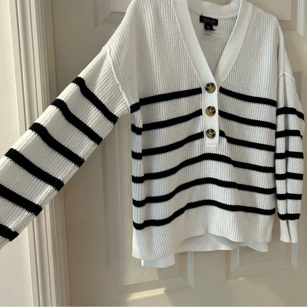Rachel Zoe Striped Henley Pullover Sweater Coastal Luxe Loungewear Nautical